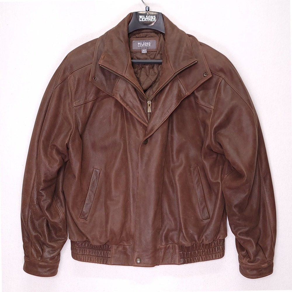 Wilsons Leather Mens Brown Bomber Jacket Quilted Lining XLT Tall Full Zip‎ Coat